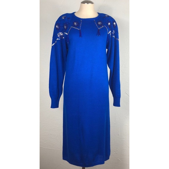 Vintage 80s Cobalt Blue Beaded Sweater Dress Maxi XS Small M western glam - Picture 6 of 10